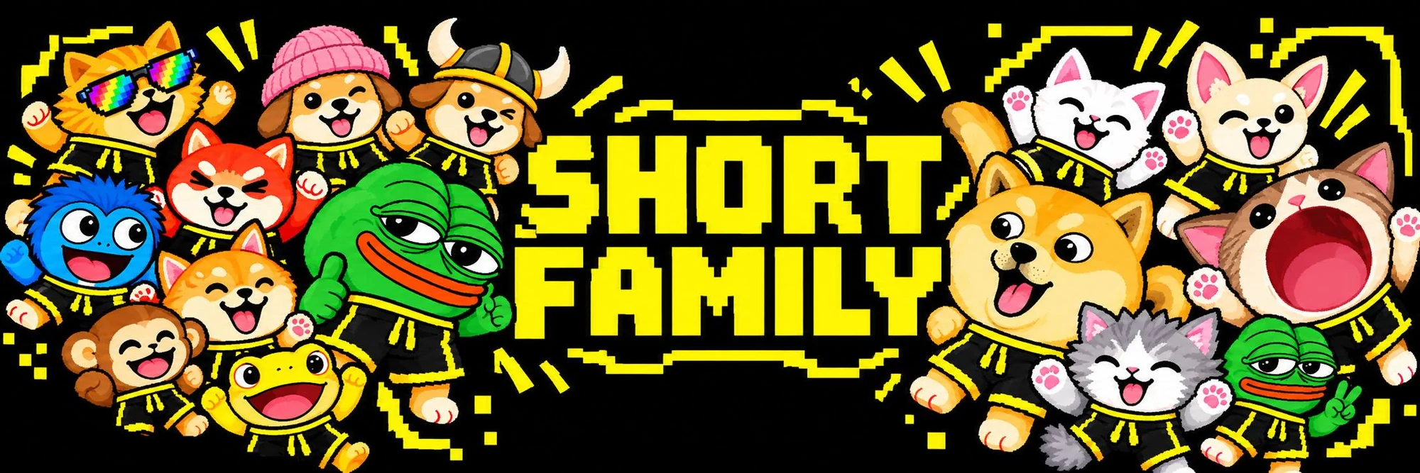 SHORT FAMILY group portrait: cats, dogs, frogs, a monkey and more in matching black-and-yellow tracksuits, cheering around a pixel logo